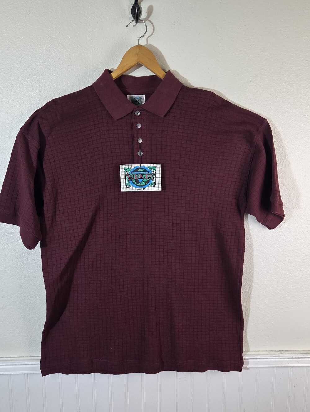 Vintage WEEDS Polo Shirt Mens M Deadstock Burgundy Textured Short Sleeve NWT